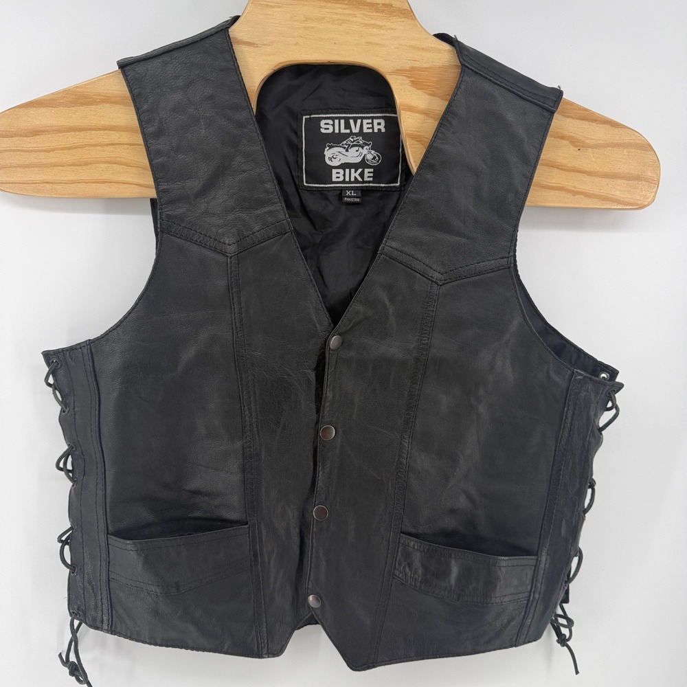 Silver Bike Mens Black Genuine Leather Biker Vest XL Side Lace Snap Front XL